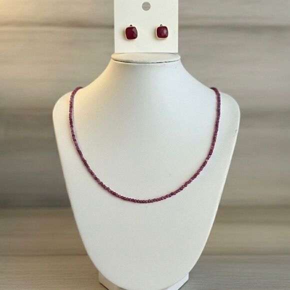 Genuine Ruby Beaded Necklace & Checkerboard-Cut Ruby Stud Earrings Gold Vermeil